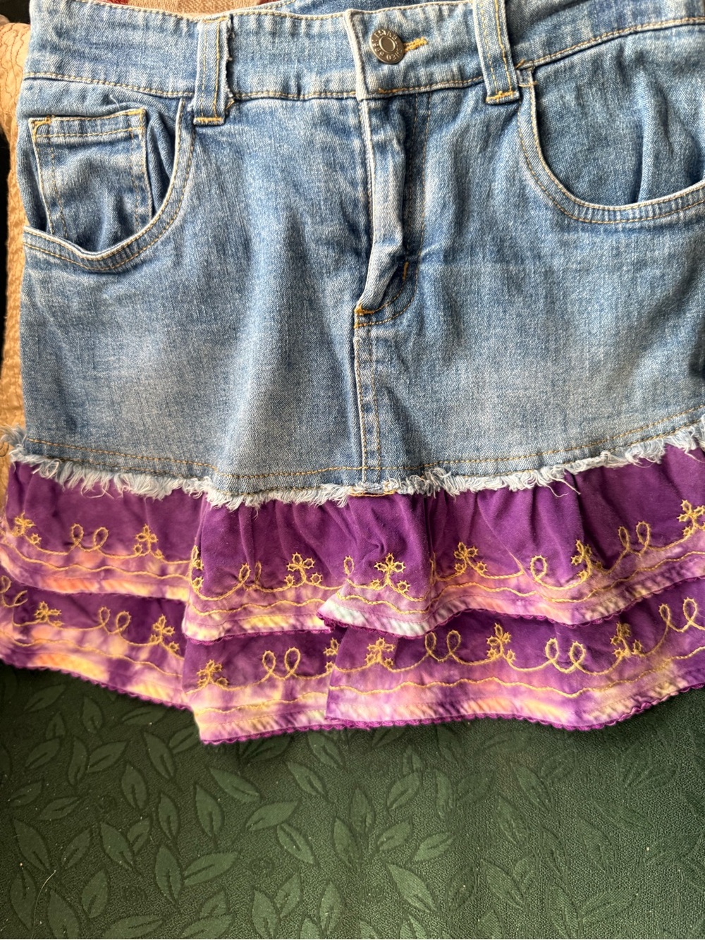 The Children's Place Denim Skirt with Purple and Yellow Embroidered Ruffle